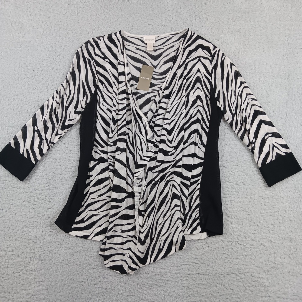 Chico's Cardigan Vicki Women 2 Black White Zebra Print Draped 570112516 NWT